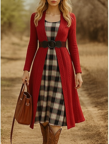  Damen Pullover Pullover Kleid Lässig Weich Einfarbig Gerippt Rundhalsausschnitt Patchwork Gestrickt Druck Langarm Lange Oberteile Stricken Outdoor Täglich Wochenende Schwarz Rote Herbst Winter