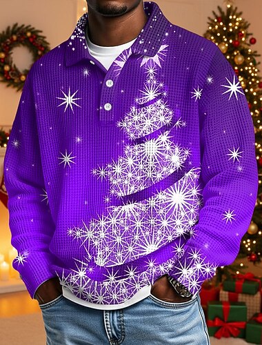  عيد الميلاد المجيد رجالي شجرة الكريسماس قمصان بولو الوافل كم طويل قمصان البولو قميص بياقة كاجوال مناسب للعطلات مناسب للبس اليومي ملابس المهرجان Buttons الربيع الخريف الشتاء زهري فاتح أحمر أزرق