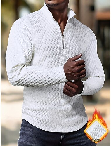  Herren T Shirt Langarm Viertelreißverschluss Herbst Winter Einfarbig Textur Strickware Täglich Lässig Reißverschluss Rundhalsausschnitt Outdoor Lässig Athleisure Weiß Top T-Shirt für Herren