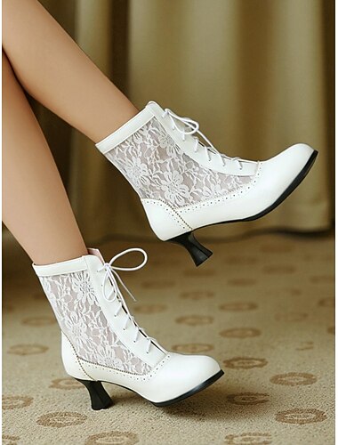  Botas femininas brancas de cano curto estilo vitoriano com cadarço – sapatos vintage dos anos 1920 com cadarço e salto baixo, ideais para casamentos, festas e ocasiões formais em estilo eduardiano.