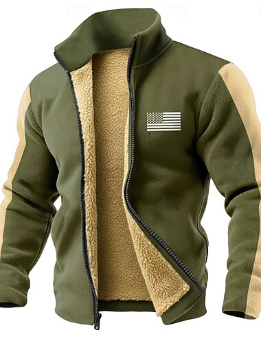  男性用 アメリカの米国旗 フリース スウェットシャツ ファッション 日常 シンプル カジュアル スタンド ファスナー アウトドア バケーション 贈り物 お出かけ ブルー ブラウン アーミーグリーン ポケット フロントジーパー 秋 冬 デザイナー S M L XL XXL 3XL