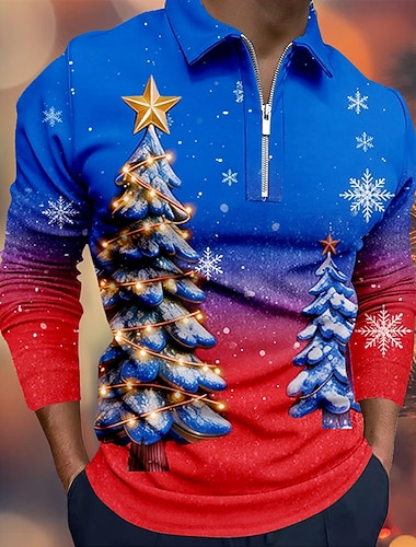  Noël Homme Arbre de Noël Polo manche longue Polos Revers Occasionnel Fête Tenue quotidienne Vêtements de festival Impression 3D Polo à fermeture éclair 1/4 Printemps Automne Hiver Bleu Bleu Clair