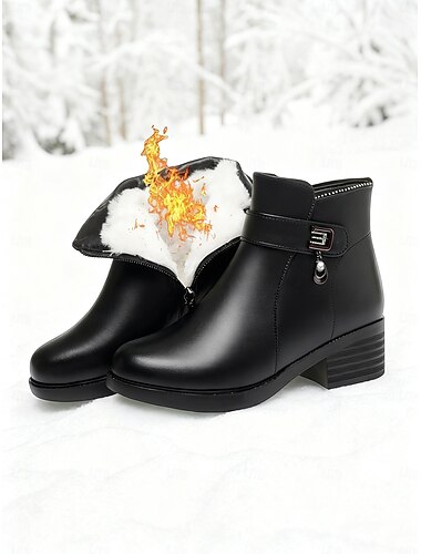  Botines de piel negros para mujer con forro de lana, cierre de cremallera, botas de invierno cálidas y cómodas para uso casual y al aire libre.
