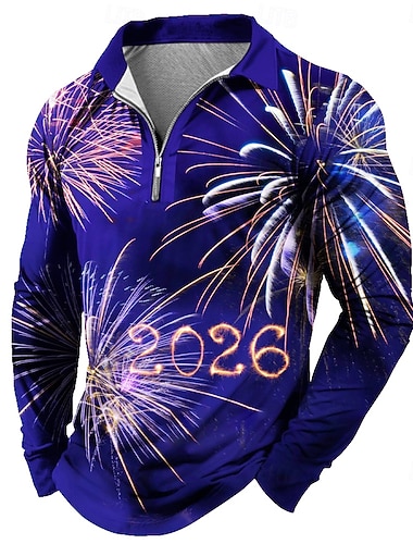  Neujahr Herren Feuerwerk Polo Langarm Polo-Shirts Revers Lässig Alltagskleidung Festival-Outfit 3D-Druck Viertelreißverschluss-Poloshirt Frühling Herbst Winter Blau Purpur Grün