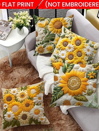  Poszewka na poduszkę dekoracyjną w kształcie słonecznika w stylu vintage, miękka, poliestrowa, z nadrukiem 2D i sztucznym haftem, idealna na wiosnę i lato, do salonu, sofy i innych pomieszczeń