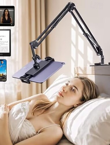  Ny nattbordtelefonholder justerbar universell 360-graders roterende metalltelefonstativ kompatibel med iPad, iPhone, Kindle, Samsung og andre 5-12,9-tommers enheter