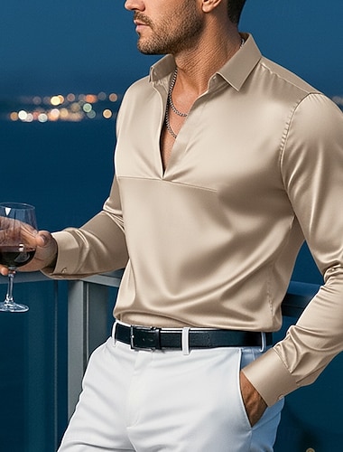  Per uomo Camicia Camicia in raso Camicia elegante Camicia casual Camicia con Bottoni Camicia da Ballo Semplice Formale Matrimonio Nero Vino Blu marino Oro Manica Lunga Scollo a V Tutte le stagioni