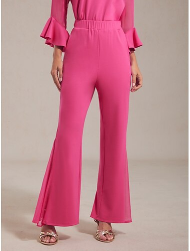  pantaloni da donna in tessuto elasticizzato, pannelli trasparenti in chiffon, gamba svasata, elastico in vita, eleganti, comodi, per tutti i giorni, da lavoro, autunno