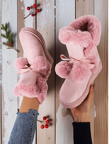  Γυναικείες ροζ μπότες με φουσκωτή γούνα – ζεστές χειμωνιάτικες μπότες χιονιού με χαριτωμένες λεπτομέρειες με φιόγκο για Χριστούγεννα, γιορτινά πάρτι και καθημερινή χρήση