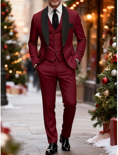  Herren Blazer + Weste + Anzughose Weihnachtsblazer Anzüge Weihnachten Geschäft Cocktailparty Mode Lässig Frühling Herbst Polyester Einfach Tasche Knöpfe Bequem Einreihig Blazer Rote Gold Grün