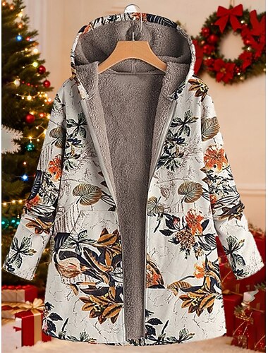  בגדי ריקוד נשים מעיל פליס מעיל מעיל קפוצ'ון שמור על חום הגוף נוח רוכסן כיס אופנתי מודרני יום יומי גיאומטרי חג מולד ליציאה סוף שבוע רוכסן רגיל עם קפוצ'ון רגיל שרוול ארוך הלבשה עליונה אודם כתום חורף