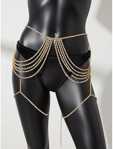  damekjede med flere lag med strass - glitrende gullfarget kroppssmykkebelte til nyttårsfester og nattklubbantrekk &maskeradeballer