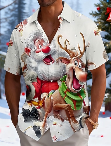  Jul Herre julenissen Reinsdyr morsom jul Skjorte Skjorte med knapper Kortermet Morsom Ferie Sommer Vår Aftæpning 3D-utskrift krage skjorter Front One Lomme Blå Hvit Rød Lilla