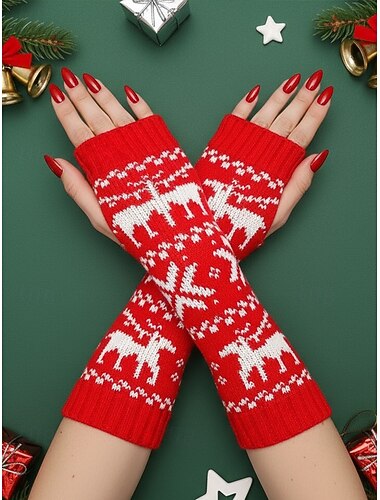  Guantes navideños de punto sin dedos para mujer, con estampado de renos Fair Isle en rojo y blanco. Guantes ideales para fiestas de invierno y eventos festivos.