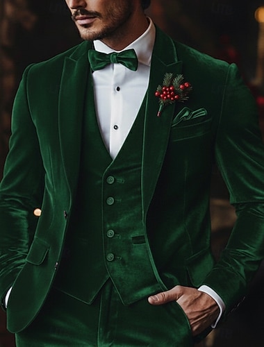  אנשיו של חג מולד מפלגה חליפת קטיפה דש רשמי שחור תלתן חג מולד מסיבה אחיד גזרה מחוייטת סט 3 חלקים שני לחצנים עם חזה יחיד