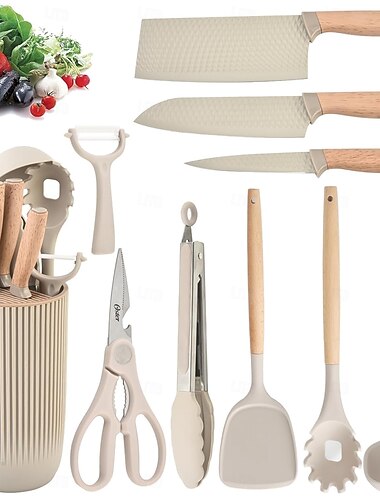  Messerset 10-teiliges professionelles Küchenmesserset mit universellem Messerblock, antihaftbeschichtet, hitzebeständig, Küchenhelfer und -geräte mit Holzgriff (khaki)