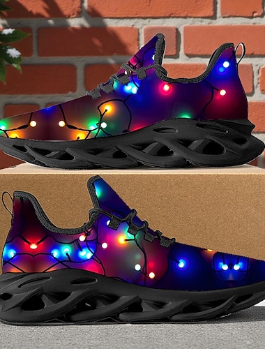  Zapatillas deportivas para hombre con estampado navideño luminoso: luces LED vibrantes, calzado deportivo cómodo para las vacaciones de invierno, fiestas festivas y reuniones al aire libre.