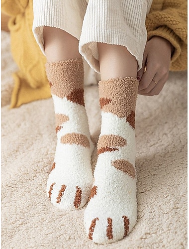  Damensocken aus Baumwollmischgewebe, 6er-Set mit Katzenpfotenabdruck, verschiedene Farben, weich und kuschelig für den Alltag