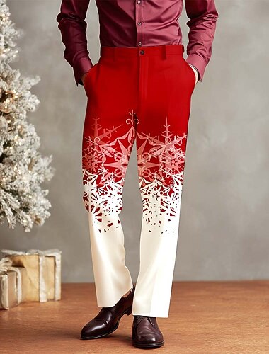  Karácsony Férfi Hópehely Színátmenet színe Nadrág Kosztüm Öltöny nadrág Közepes csípő Alkalmi Szabadtéri Szabadság Egyenes szárú nadrág zsebekkel Ősz Tél 3D nyomtatás Medence Rubin Arany