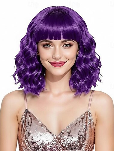  Peruca de Carnaval 2026 Rosa Azul Roxo Ondulado Bob Curto Peruca sintética para festivais Mardi Gras Parada Cabelo para fantasia de cosplay para Feminino