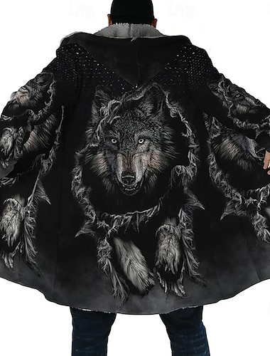  Miesten Eläinkuvioinen Talvitakki Fleecetakki Takki Pidä lämpimänä Mukava Vapaa-aika Arki-asut Vetoketju Tasku 3D-tulostus Syksy Talvi Hupullinen Pitkähihainen Musta 1 Musta Harmaa