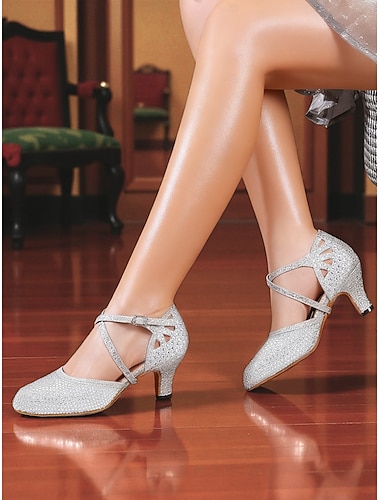  Damesko med sølvglitter og profesjonelle latinske dansesko – ballroomsko med kryssremmer for salsa, tango, vals og konkurranser