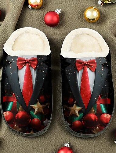  Herre juletøfler - festlige røde sløyfedesign varme fleece innesko, koselige feriesko til vinter og julegaver