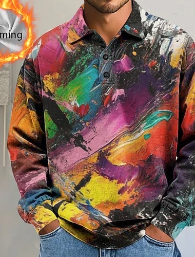  Herre Abstrakt Geometrisk Poloskjorter Themmal-skjorter Langermet Poloskjorter Knaphul Fritid treningsklær Ferie Dagligdagstøy 3D-utskrift Høst Vinter Blå Regnbue Multi Color