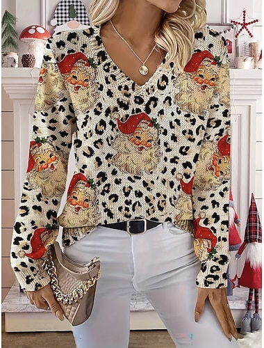 Damen Pullover Mode Streetwear Lässig Grafik Leopard Weihnachtsmann V Ausschnitt Oversize Gestrickt Langarm Normale Oberteile Stricken Outdoor Täglich Khaki Frühling Herbst