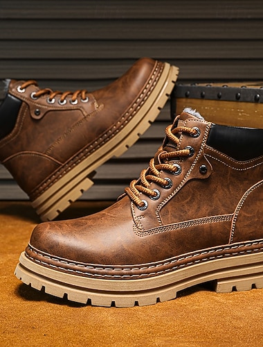  Brune herrestøvler i kunstskinn med slitesterk såle – stilig og komfortabelt fottøy for uformelle utflukter, jobb og hverdagsbruk