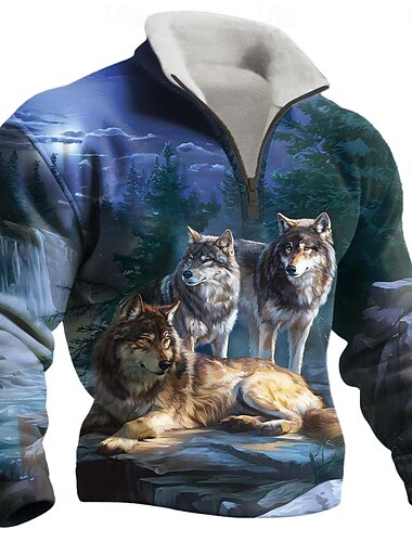  Herren Tiermotiv Wolf Fleece Pullover Mode Lässig 3D Stehkragen Viertelreißverschluss Outdoor Urlaub Geschenk Streetwear Blau Blau 1 Blau 3# Blau 2# Halber Reißverschluss Herbst Winter Designer S M L