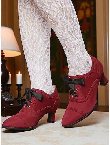  Γυναικεία vintage μαύρα και μπορντό βελούδινα δετά τακούνια – Εδουαρδιανό στυλ δεκαετίας του 1920, ιδανικά για επίσημες περιστάσεις, πάρτι τσαγιού και καθημερινή χρήση