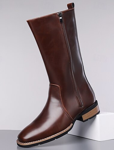  Botas masculinas marrons de couro sintético com zíper – estilosas e confortáveis, perfeitas para o inverno, passeios casuais e uso diário.