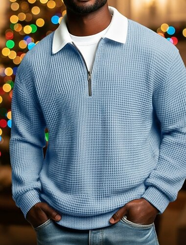  Herren Waffel-Poloshirts Straße Lässig Umlegekragen Langarm Mode Freizeit Farbblock Reißverschluss Patchwork Herbst Frühling & Herbst Ganzjahres Normale Passform Blau Violett Armeegrün Grau