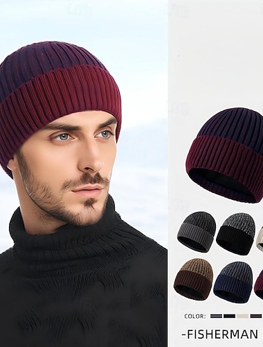  Gorro de tricô masculino para outono/inverno, com forro duplo de lã polar, ideal para climas frios e quentes. Gorro estiloso para uso casual e esportivo ao ar livre.