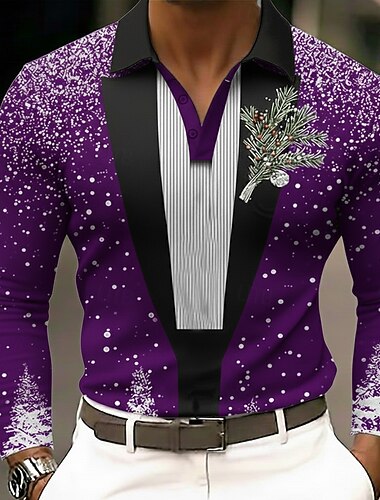  Jul Herre Juletre Snøfnugg Polo Langermet Poloskjorter Knaphul Fritid utendørs Ferie Dagligdagstøy 3D-utskrift Knapper Vår Høst Vinter Rød Lilla Grønn