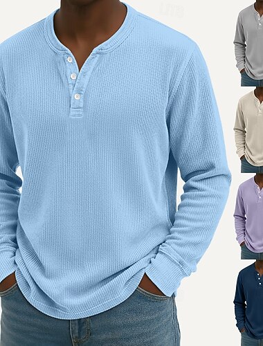  Herren Cordhemd Henley Hemd T-Shirt Langarm Einfarbig Einfach Gestreift Mode Designer Lässig Knöpfe Warm Henley Lässig Täglich Outdoor Herbst Winter Herbst Winter Wein Schwarz Weiß Henley T-Shirt