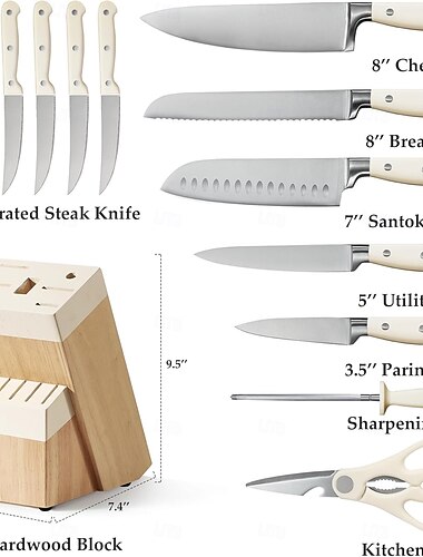  Blokkknivsett, 14-delers ultraskarpt bestikkknivsett, med blader i rustfritt stål for presis skjæring, alle blader, kremfarge.