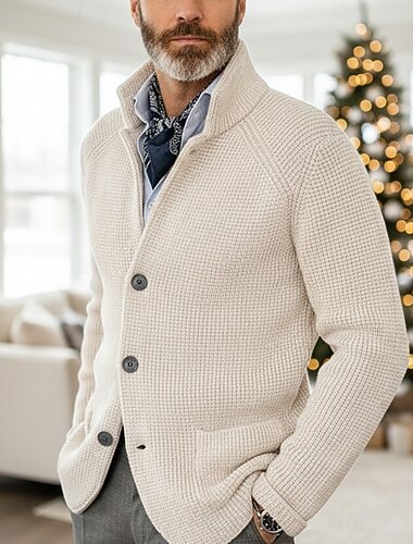  Herren Pullover Kleid Pullover Strickjacke Waffel Stricken Normale Oberteile Gestrickt Button-Down Stehkragen Klassisch Lässig Bekleidung Raglanärmel Frühling Herbst Winter Blau Armee-Grün XS S M