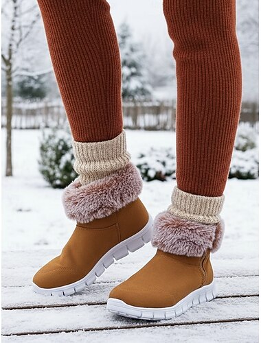  女性用ブラウンの暖かいファー裏地付きアンクルブーツ - 冬の快適さとアウトドアウェアのための柔らかいフェイクファーのカフが付いた軽量スノーブーツ