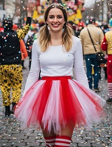  Costume élégant Jupe tutu Blanc et Rouge Rayé Adulte Femmes Carnaval Soirée Performance Se déguiser