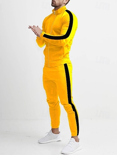  Homens Moletom Conjunto de roupas Colarinho Chinês Ao ar livre Diário Esportes Com Cordão Bolsos Bloco de cor Preto Amarelo Vermelho Poliéster Roupas Esportivas Moda Roupa de rua Primavera