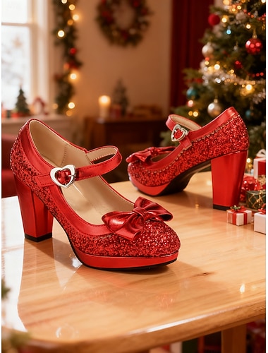  Rote Glitzer-Mary-Jane-Pumps für Damen mit Herzschnalle und Schleifendetail – festlicher Weihnachtsstil, perfekt für Weihnachtsfeiern, Silvesterpartys und formelle Anlässe.