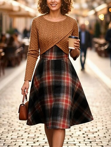  Dame Midikjole A Linje Kjole Afslappet Boheme Daglig Regulær Ternet Langærmet Rund hals Orange Forår Efterår Vinter