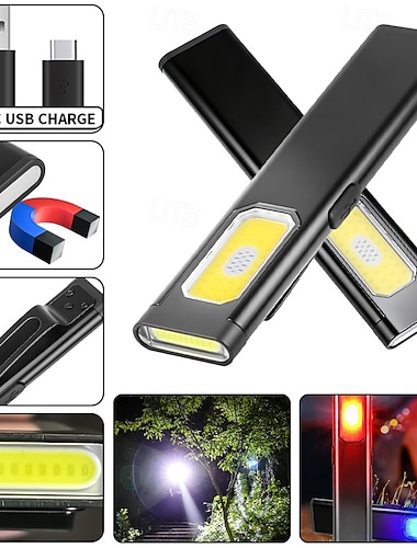 充電式 COB 作業灯、超高輝度マグネット式 LED 懐中電灯、ポケットクリップ、USB-C、赤と青のストロボ付き 5 モード - 車の修理、キャンプ、緊急時に使えるスリムな検査ライト