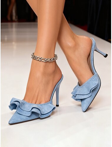  mules da donna con tacco a spillo, punta affilata e volant azzurro chiaro - eleganti tacchi alti in finta pelle scamosciata per matrimoni e cocktail party