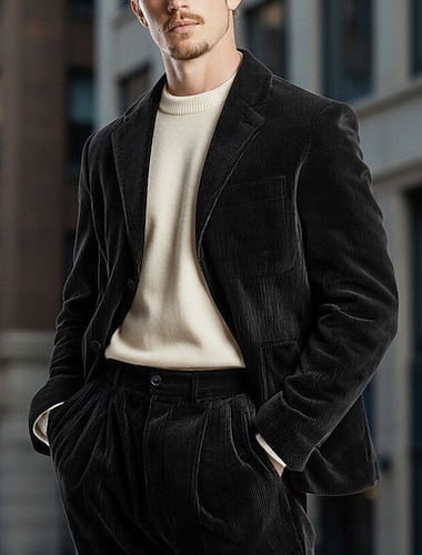  Heren Corduroy pak Casual Semi formeel Zwart Bordeaux Herfst winter Pak Ingesneden revers Modieus Casual Gestreept Getailleerd 2-delige set Enkele rij knopen met twee knopen