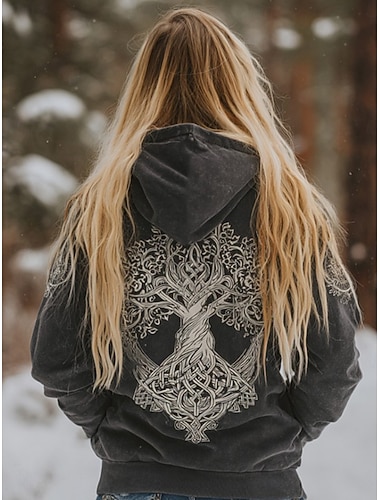  Női Pulóver Hoodie pulóver Törzsi Szüret Alkalmi Hosszú ujj Kapucni Normál felsők Hétköznapi Sport Világosbarna Szürke Tavasz Ősz Tél