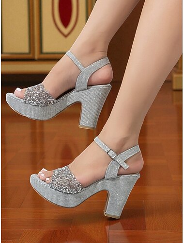 レディース グリッター プラットフォーム ブロックヒール サンダル - キラキラ輝くオープントゥ パーティーシューズ、アンクルストラップ付き、レディース ナイトライフ、クラブウェア &特別イベント