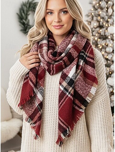  Unisex vánoční kostkovaná šála - polyesterový materiál, měkká a teplá, více barev na zimu, sváteční večírky i každodenní nošení
